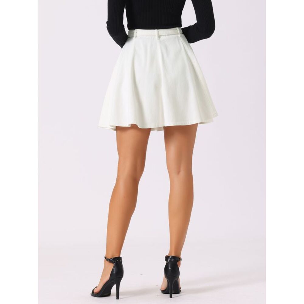 Jean Vintage High Waist with Belt Mini Skater Denim Skirts White-01 - Picture 4 of 6